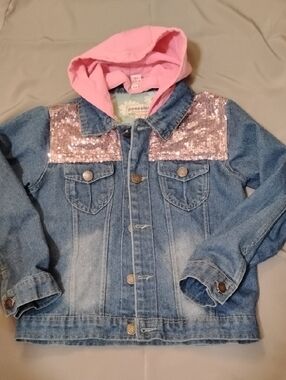 Girls' Pink Hooded Denim Jacket with Sequin Yoke by PocaLola